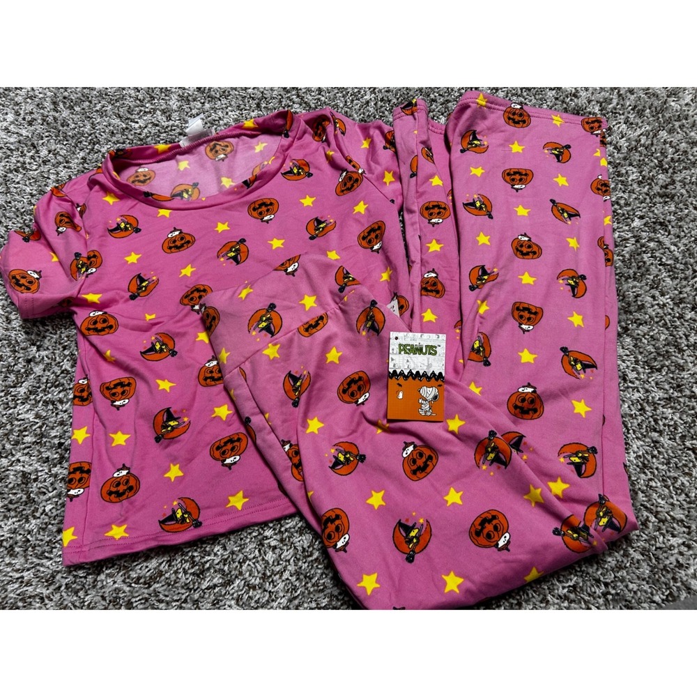 Peanuts Snoopy Woodstock Halloween Pajama Set Pink Pumpkin L